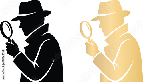Silhouette of a private detective in a trench coat holding a magnifying glass