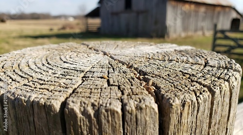 Weathered wooden post with rustic barn and open field background