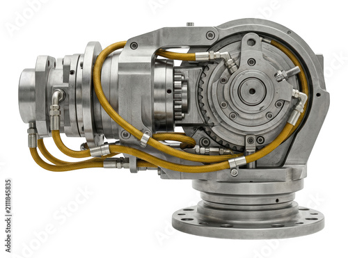 Bild auf Leinwand Precision industrial mechanical actuator with steel gears and yellow hoses isola