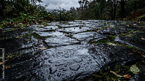 Wet stone path with natural foliage and overcast sky background