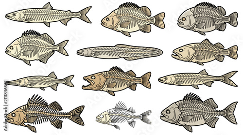 Premium collection of 12 distinct complete fish skeleton silhouettes isolated vector set