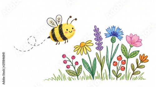 Cute watercolor illustration of a friendly little bumblebee flying towards a colorful meadow of wild spring flowers