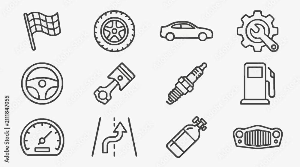 Fototapeta premium Dynamic Black and White Line Set of Car and Auto Maintenance Icons with high quality professional line art symbols for modern creative design and digital branding projects