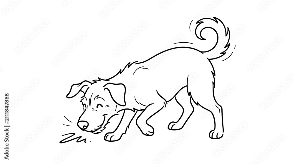 Obraz premium Happy cartoon dog sniffing the ground with wagging tail. Playful puppy exploring outdoors with curious nose and joyful expression.