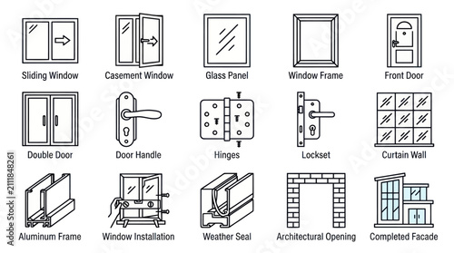 Architectural window and door hardware technical icon set.
