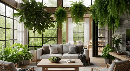 Bright modern sunlit conservatory lounge with lush indoor plants with all bathed natural light through large windows wooden coffee table small succulent arrangement indoor garden