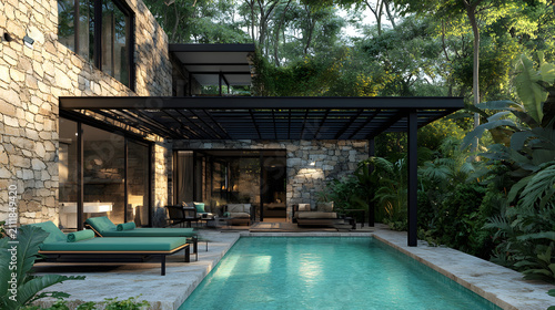 Modern luxury villa with infinity pool surrounded by lush greenery and wooden pergola