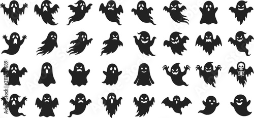 Принти на полотні Halloween ghost silhouette collection, 32 spooky spirit icons set, black flying