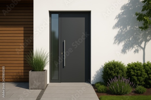 Modern black front door with vertical handle and side glass panel in minimalist house entrance with plants and wooden paneling on sunny day. Ai generative