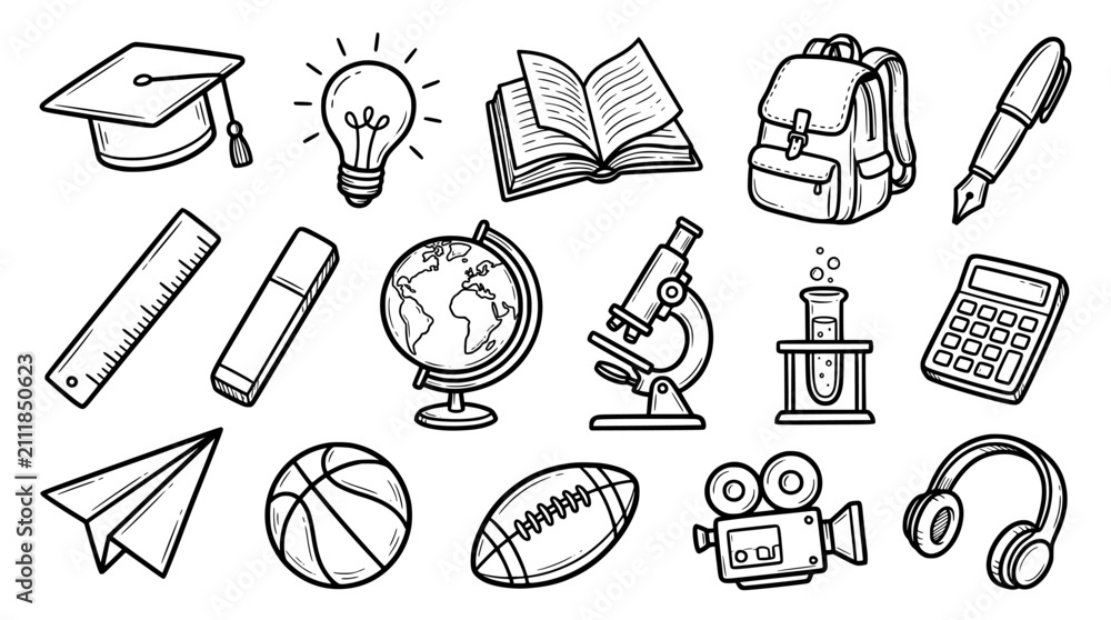 Fototapeta premium Education School Doodle Icons Set Vector, Back To School Line Art, Learning Elements Pack, Books Backpack Globe Microscope SVG education, school, learning, icons set, vector, svg, doodle, line art, ba