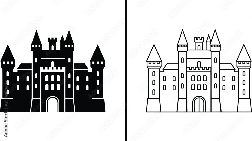 Fototapeta premium Castle Illustration with Two Different Design Styles