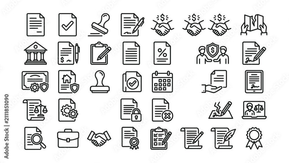 Fototapeta premium Collection of various business contract and legal agreement icons with transparent background