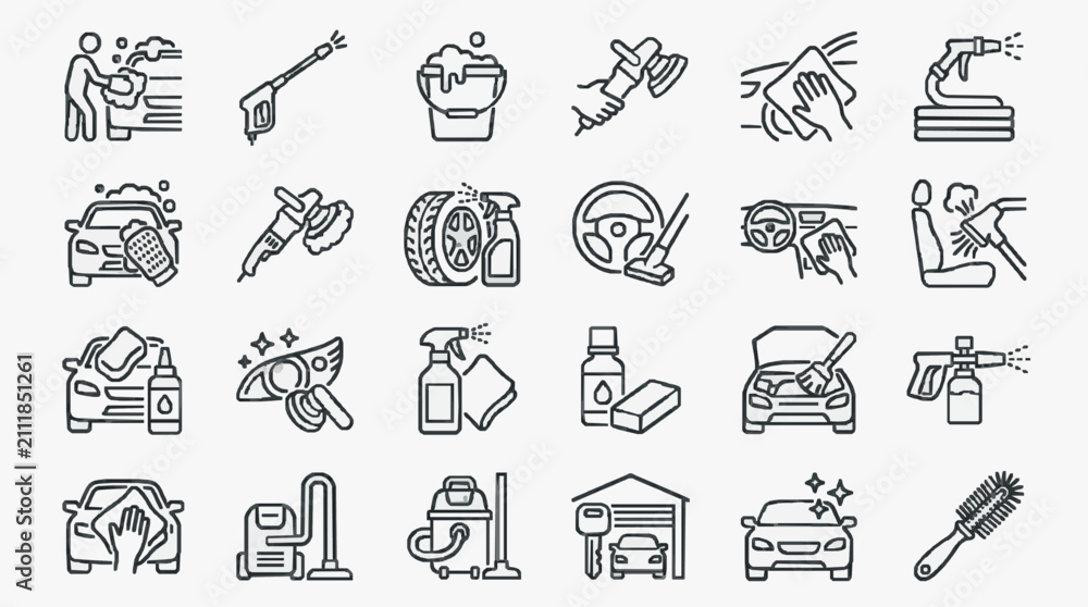 Naklejka premium Elegant Black and White Line Icons Set Featuring Comprehensive Car Detailing and Cleaning Services
