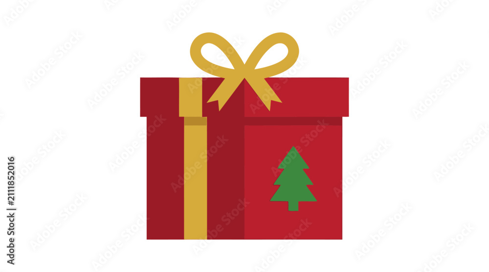 Fototapeta premium Christmas gift box vector icon with festive red wrapping paper, yellow ribbon bow, and green tree decoration for holiday design elements
