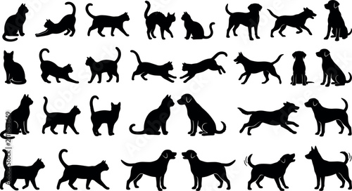 Картината върху платно Ultimate cat and dog silhouette vector set with solid black pet breed mockup sh