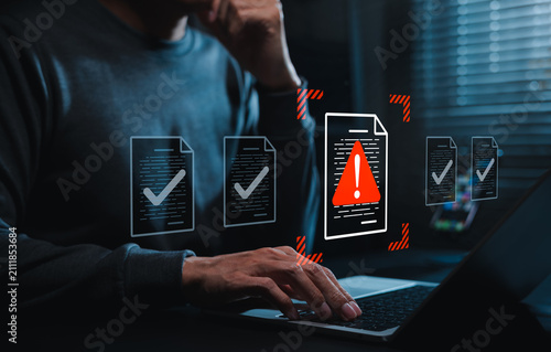 Document risk review concept. Person using laptop to approve files. compliance audit, warning report, error detection, policy checking, validation control, secure workflow, business risk management