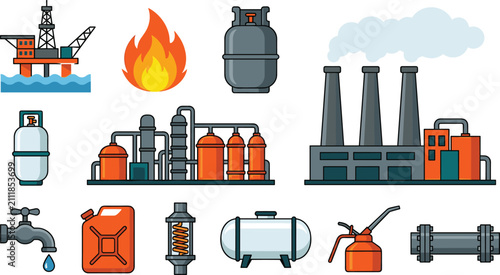 Heavy Industry and Oil Gas Production Vector Illustration Set Featuring Refinery Factory Drilling Rig and Storage Tanks