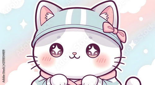 Whimsical cartoon cat head with sparkling eyes with evoking playful cute aesthetic illustration large expressive pastel background decorative stylized animated cat watercolor
