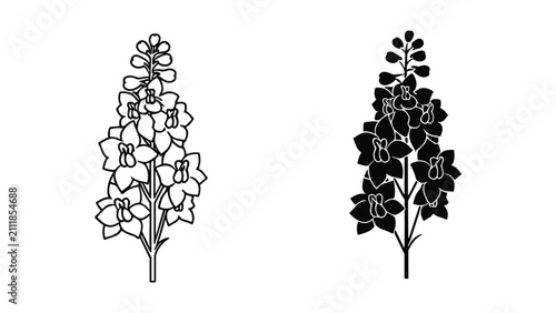 Canvastavla Delphinium flower spike line art and silhouette icon set