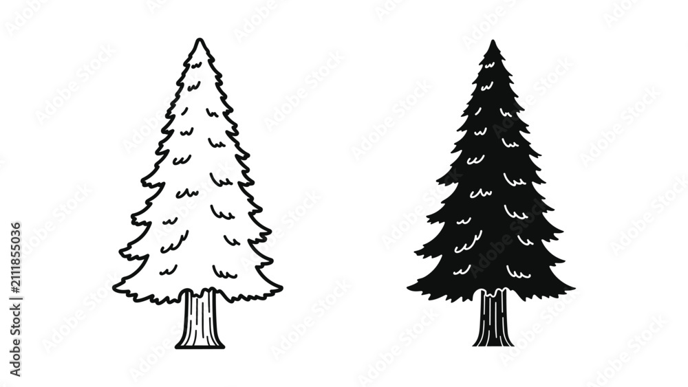 Obraz premium Set of two hand drawn pine trees, outline and silhouette style, coniferous forest elements