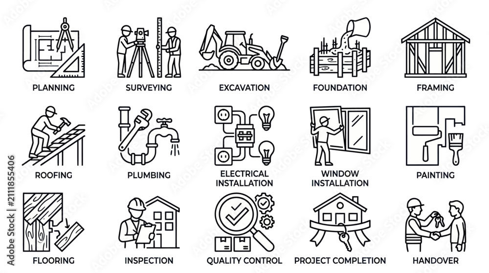 Fototapeta premium Building project phase icons for construction workflow planning.