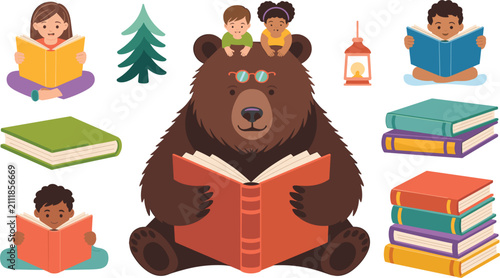 Cute Cartoon Bear Reading Book Vector Character Set with Diverse Children Stacking Books for Elementary School Library and Kindergarten Storytime Education Graphics