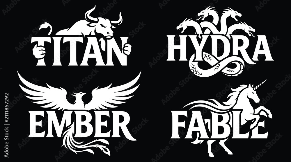 Obraz premium Mythical creatures collection featuring titan bull, hydra, phoenix ember, and fable unicorn