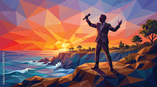 Cuadro en lienzo Confident Businessman with Microphone on Cliff Edge at Sunrise, Inspiring Motivational Speech, Geometric Low Poly Style, Commercial Presentation Vi