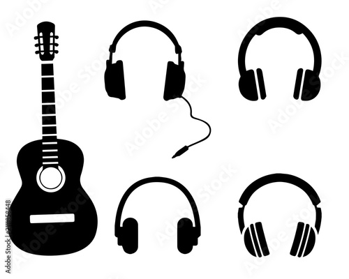 A clean and modern black silhouette vector collection featuring an acoustic guitar and multiple headphone icons in various styles.