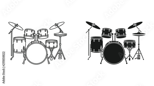 Photography Set of drum kits, outline and silhouette icons musical instruments for rock and