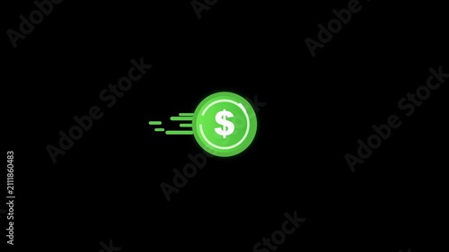 Fast glowing dollar coin animation flying across black background
