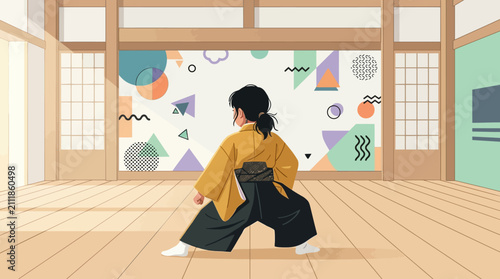Martial artist practices traditional combat moves inside a minimalist Japanese dojo with colorful geometric wall art.