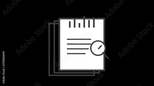 Animated business document icon with magnifying glass checkmark for audit.