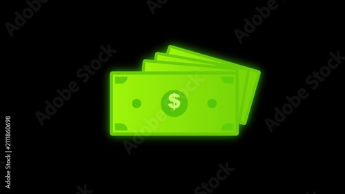 Green glowing dollar bills stack loop animation on black background representing finance payment and wealth.