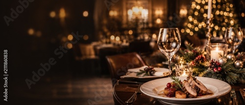 Christmas dinner table with plated meal in restaurant