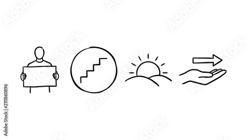 Female figure holding blank sign next to stairs and sunrise landscape doodle line art