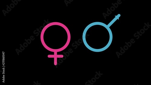 Pink female and blue male gender symbols glow on a black background