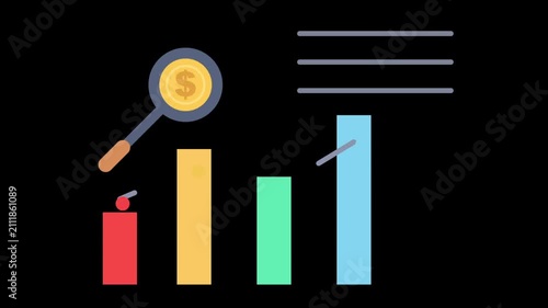 Animated financial data analysis with bar graph line chart and dollar magnifier on black