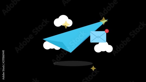 Animated blue paper plane flying with email notification icon on black background.