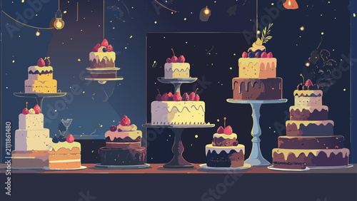 夜のショーケースに並ぶ色鮮やかなデコレーションケーキ_1920x1080px