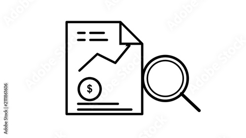 Animated financial report icon with magnifying glass showing growth. A line graph drawing on a document representing business data analysis and progre