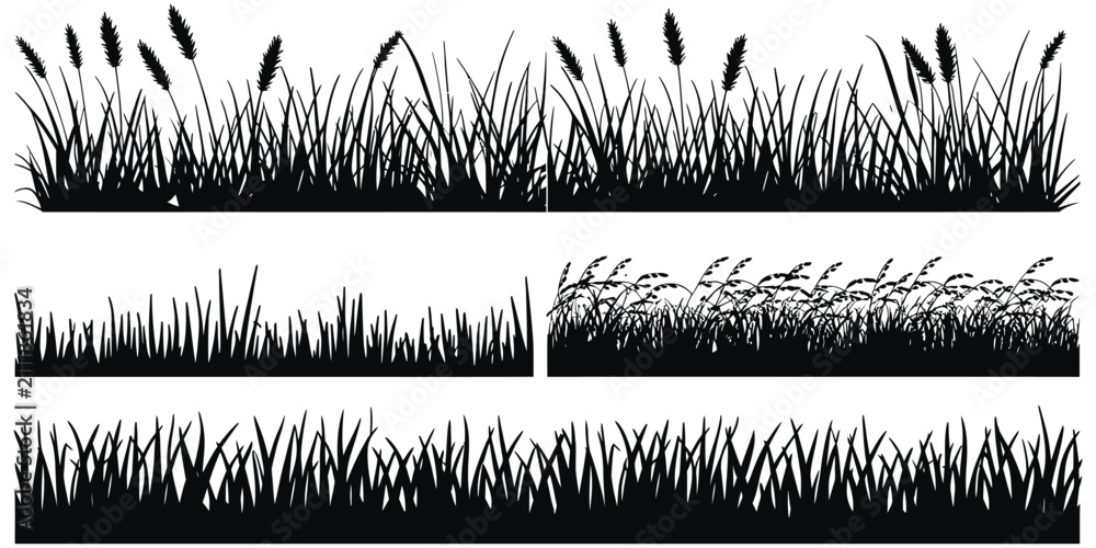 Obraz premium Meadow silhouette horizontal banners featuring minimalist black and white grass illustrations arranged for landscape design and natural background compositions.