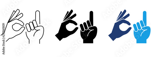 Sign language hand gesture icons set with OK sign and pointing finger. Symbol of deaf communication, nonverbal expression, finger spelling, hand signals, accessibility and diversity.