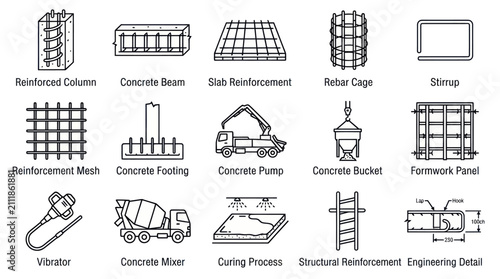 Construction engineering icons for concrete and structural work