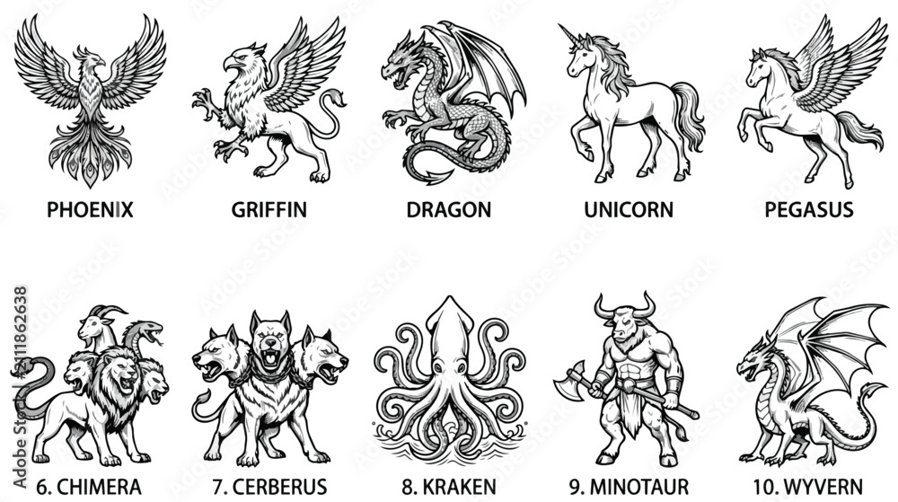 Fototapeta premium Mythological creatures vector set, 10 fantasy monster icons including dragon and phoenix, heraldic beast line art for gaming and logos