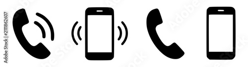 Mobile phone communication icons with call and signal symbols. Vector line art of telecom connectivity and wireless technology.