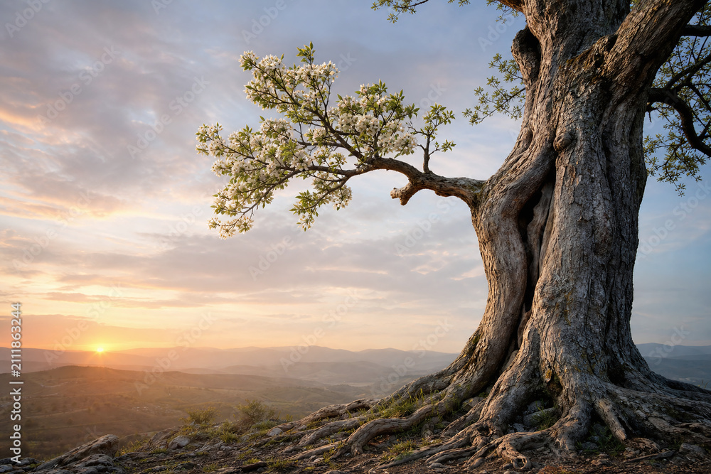 Fototapeta premium Resilient Blossoming Tree at Dawn After Hardship