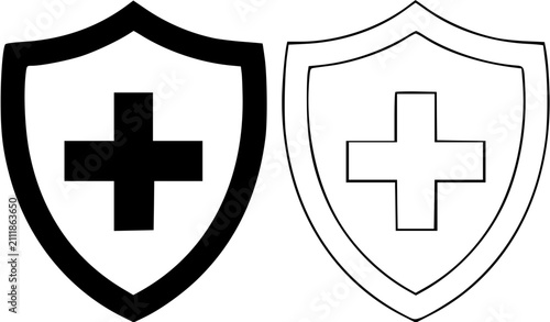 Medical cross shield emblem for healthcare and protection. Vector plus sign icon in minimalist line art style for clinics and safety branding.