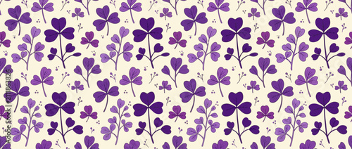 Seamless Pattern of Purple Clover Leaves on Cream Background