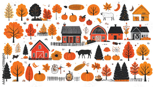 Whimsical Autumn Scene: Pumpkins, Trees, and a Barn with Stylized Fall Elements